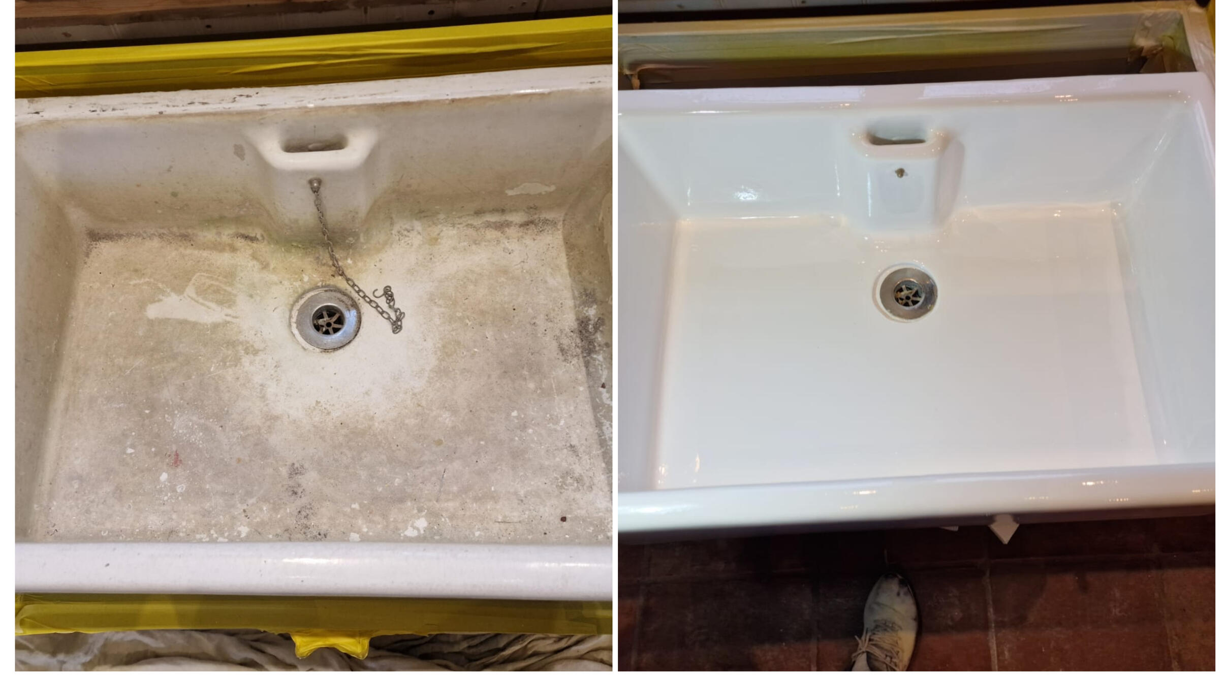 BEFORE AND AFTER PHOTOS OF A KITCHEN CERAMIC BELFAST SINK, WAS DAMAGED AND FULL OF CHIPS, FULLY RESORED TO A LIKE NEW FINISH IN Swindon