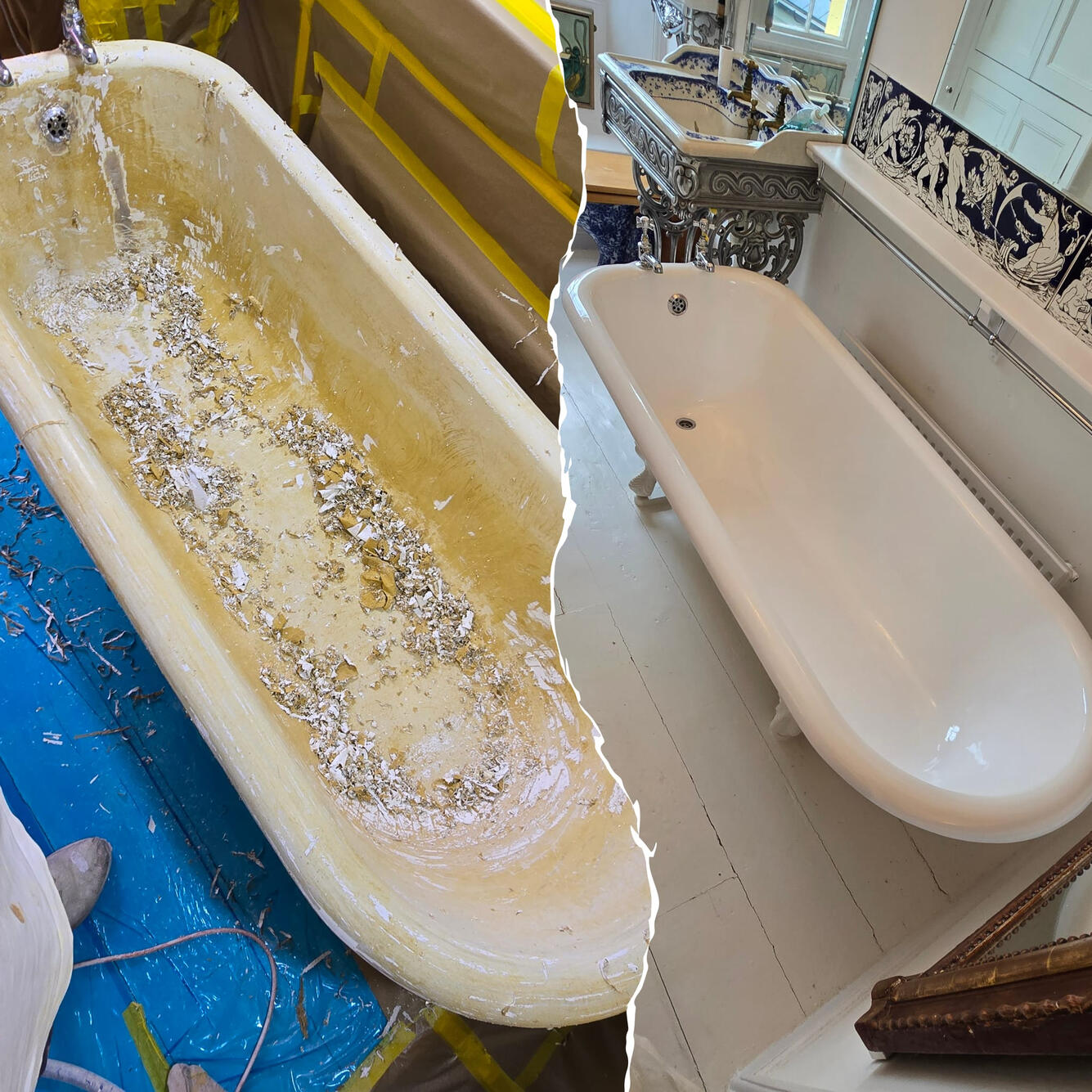 CowBefore and after Victorian cast iron roll top bath re-enamelling in Swindon