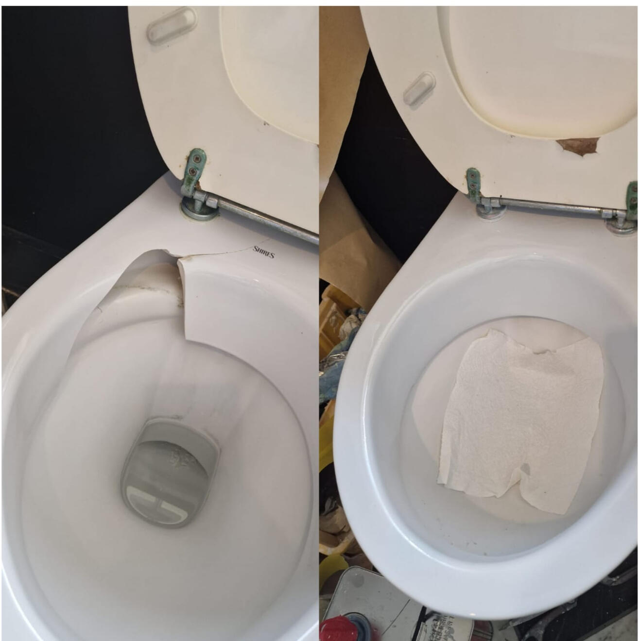 before and after pictures of a ceramic toilet crack repair in Swindon