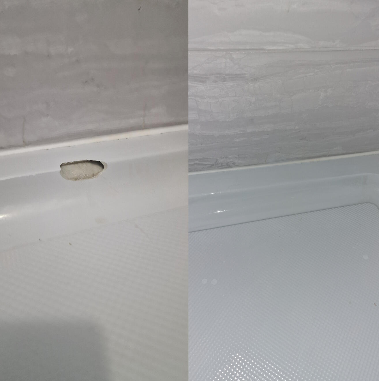 BEFORE AND AFTER PICTURES OF A STONE RESIN SHOWER TRAY CHIP REPAIR Before and after pictures of a shower Tray repair in Swindon