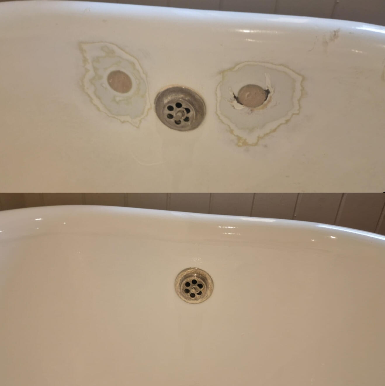 Before and after cast iron bath tap holes filled and repaired Swindon