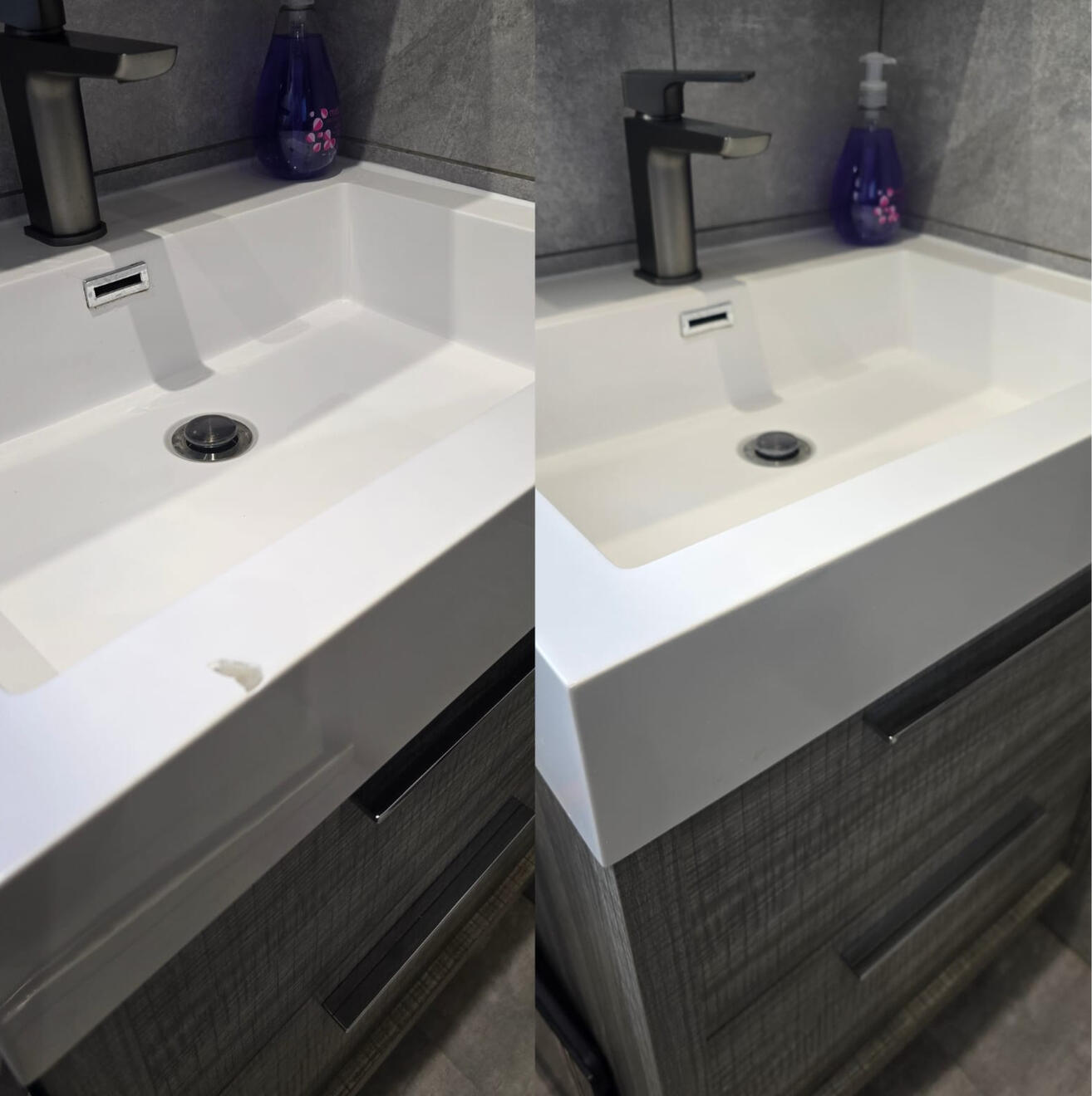 Before and after composite bathroom basin chip repair in a Swindon Airbnb property