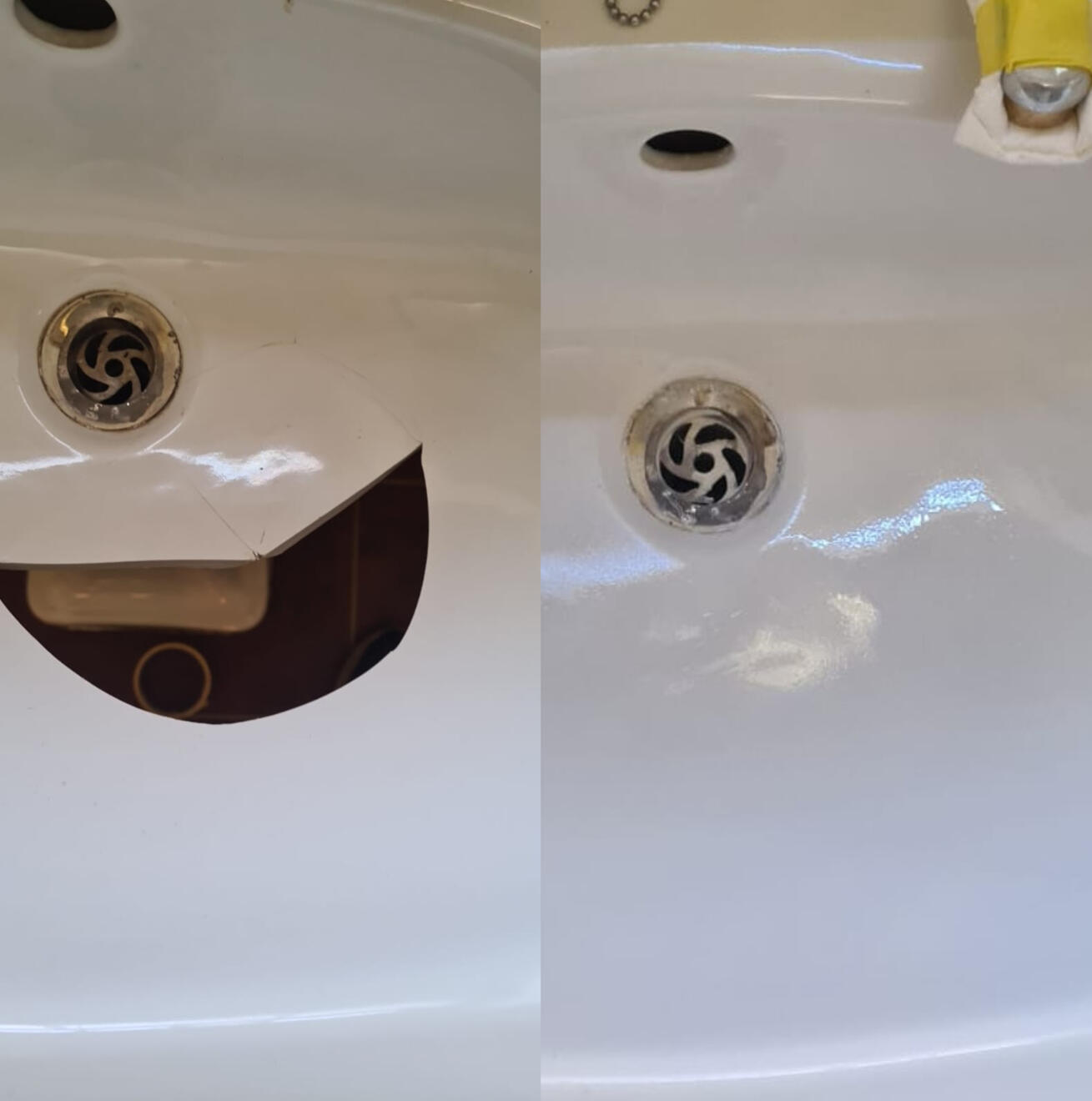 before and after pictures of a ceramic sink crack repair Before and after ceramic sink crack repair in Swindon