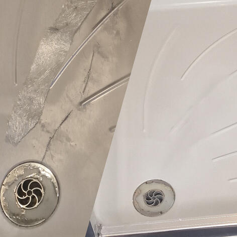 before and after picture of a shower Tray crack Repair completed in Swindon Wiltshire