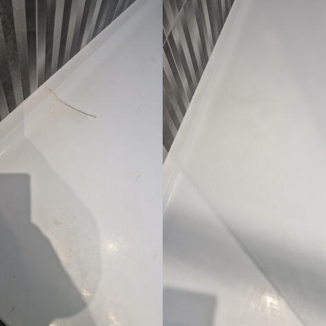 before and after picture of a shower Tray crack Repair completed in Swindon Wiltshire