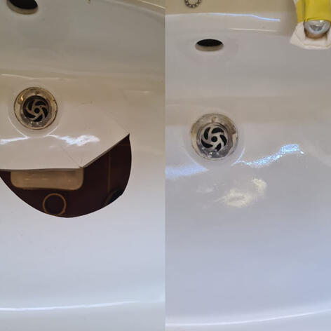 before and after picture of a ceramic sink crack Repair completed in Swindon Wiltshire