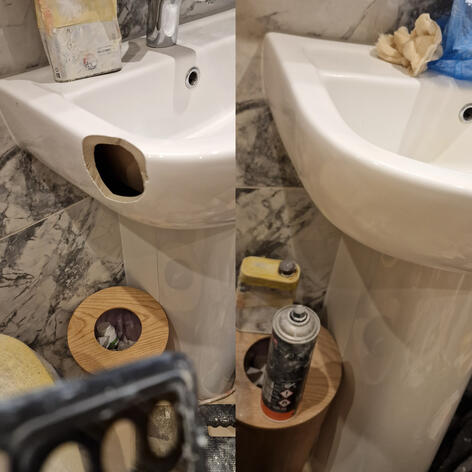 before and after picture of a ceramic sink crack Repair completed in Swindon Wiltshire