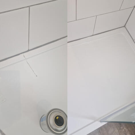 before and after picture of a shower Tray crack Repair completed in Swindon Wiltshire