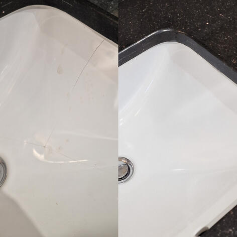 before and after picture of a ceramic sink crack Repair completed in Swindon Wiltshire