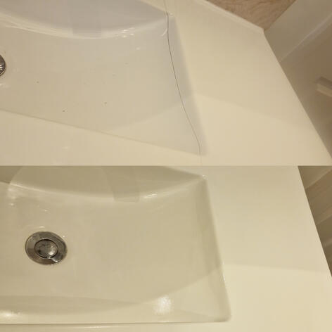 before and after picture of a ceramic sink crack Repair completed in Swindon Wiltshire