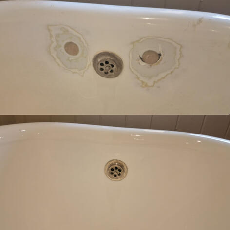 before and after picture of a cast iron bath tap hole repair completed in Swindon