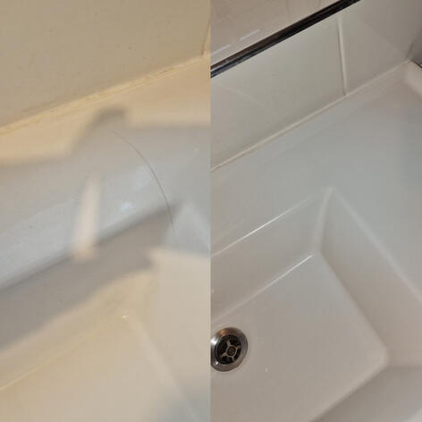 before and after picture of a shower Tray chip Repair completed in Swindon Wiltshire