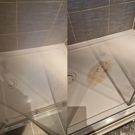 before and after picture of a shower Tray crack Repair completed in Swindon Wiltshire