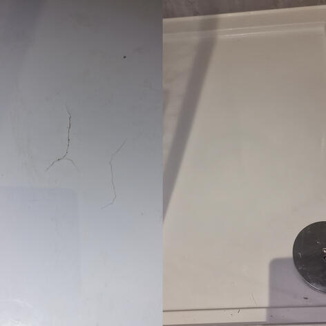 before and after picture of a shower Tray crack Repair completed in Swindon Wiltshire