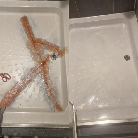 before and after picture of a shower Tray crack Repair completed in Swindon Wiltshire