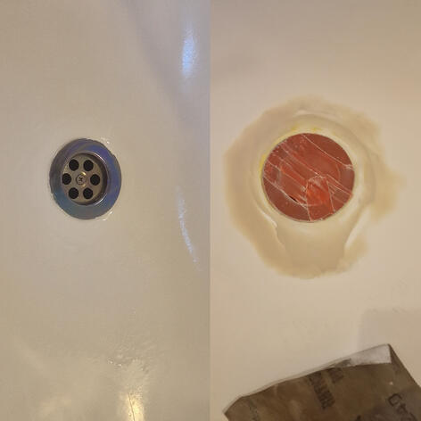before and after picture of a rusty plug hole Repair completed in Swindon Wiltshire