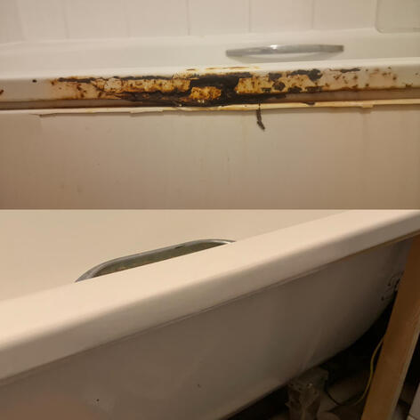 before and after picture of a steel bath rust repair completed in Swindon Wiltshire