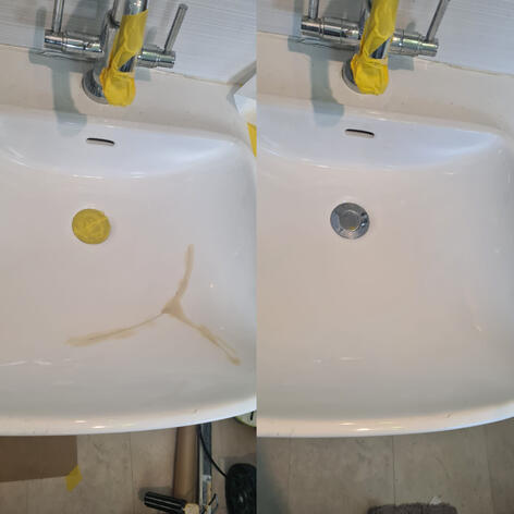before and after picture of a ceramic sink crack Repair completed in Swindon Wiltshire