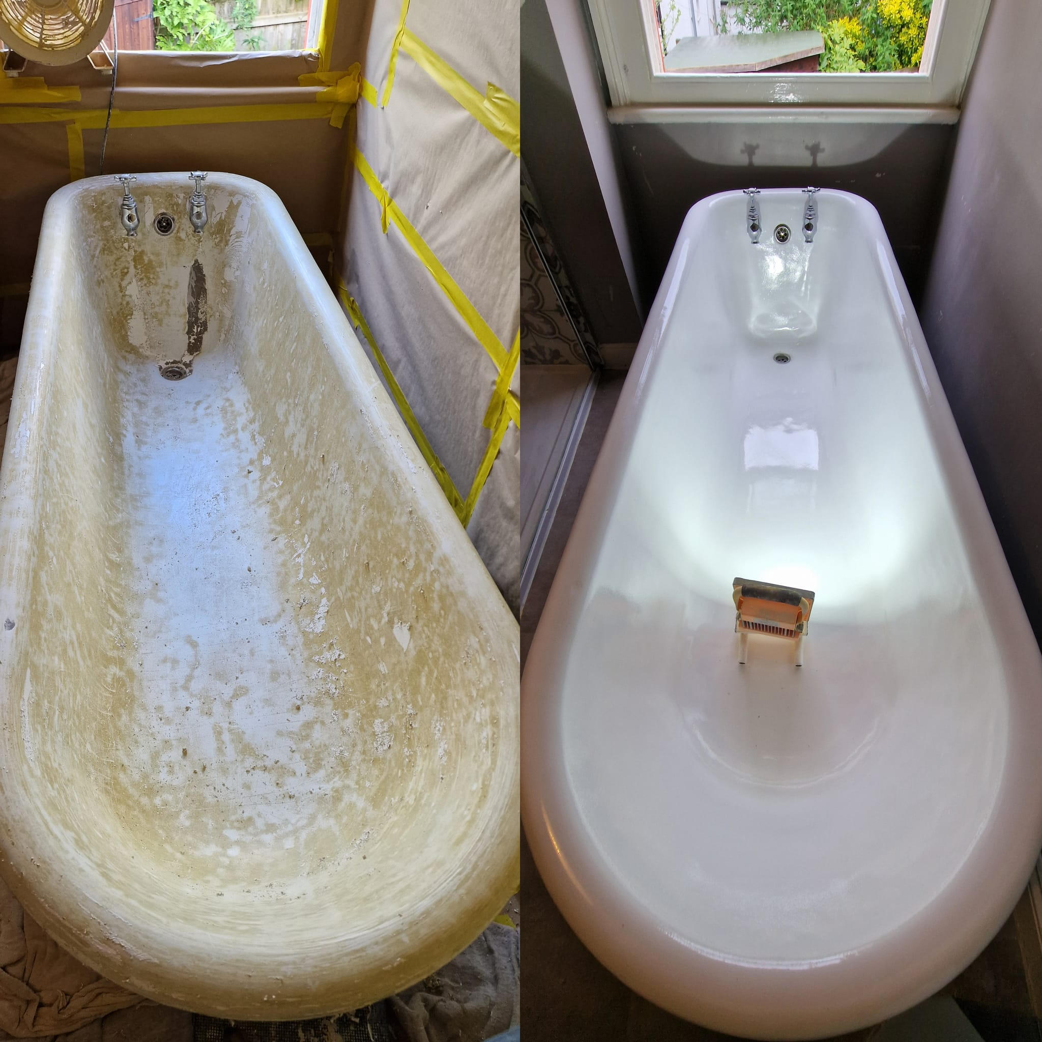 PICTURE OF A BEFORE AND AFTER OF A ROLL TOP CAST IRON BATH Before and after roll top cast iron bath re-enamelling in Swindon